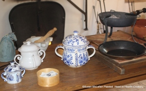 My table is ready for the 1756 receipt (recipe) To make a Sack Posset. Pictured are reproductions of 17th and 18th century posset pots, a Bason, and a chafing-dish of Coals. 