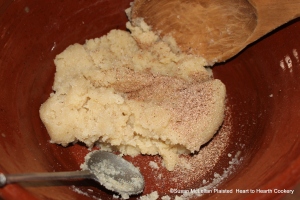 After the blanched almonds have been finely beaten with rose-water for the receipt (recipe) How to make an Almond Tart take an equal weight of sugar and some grated nutmeg and mix with the ground almonds.