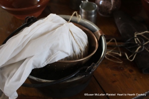 After as much milk is added to the receipt (recipe) A Boiled Plumb-Pudding to mix it together and make it very thick, the batter is placed in a pudding bag (a yard square of linen) and tied with a string. 