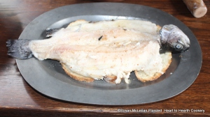 After the lear has been prepared and the parsley fried for the receipt (recipe) A Dish of Trouts dish up your Trout in your dish upon sippets.  The sippets are slices of a penny loaf of bread toasted.